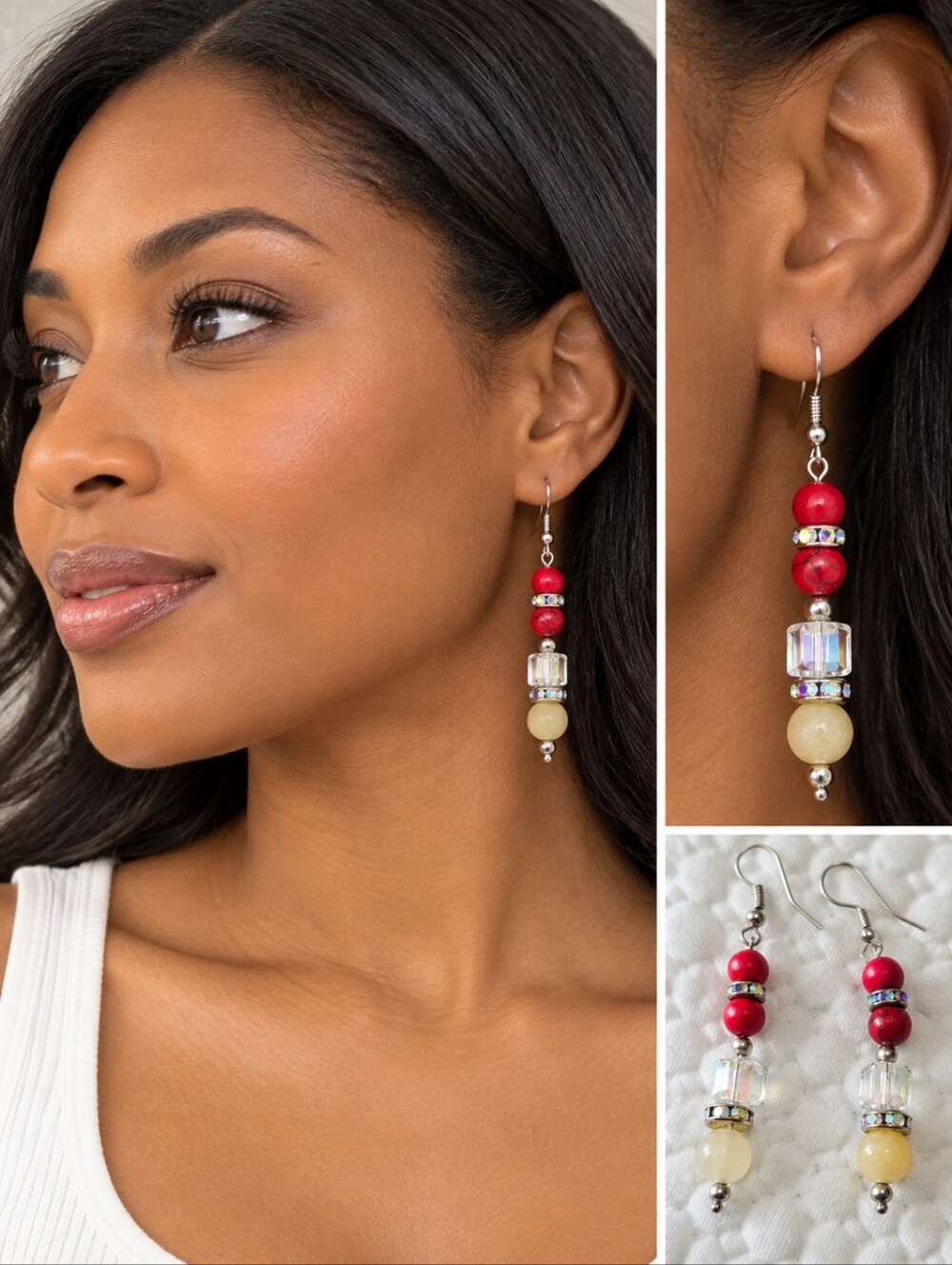 Red Bead Drop Earrings with Iridescent Crystal Accent
